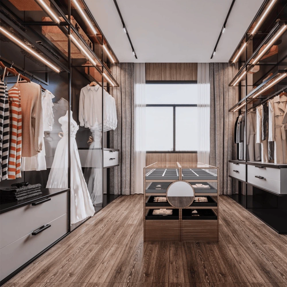 elegant glass wardrobe with central display island elegant glass wardrobe with central display island