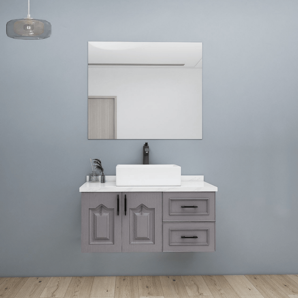 Grey shaker vanity with white countertop and square sink Grey shaker vanity with white countertop and square sink