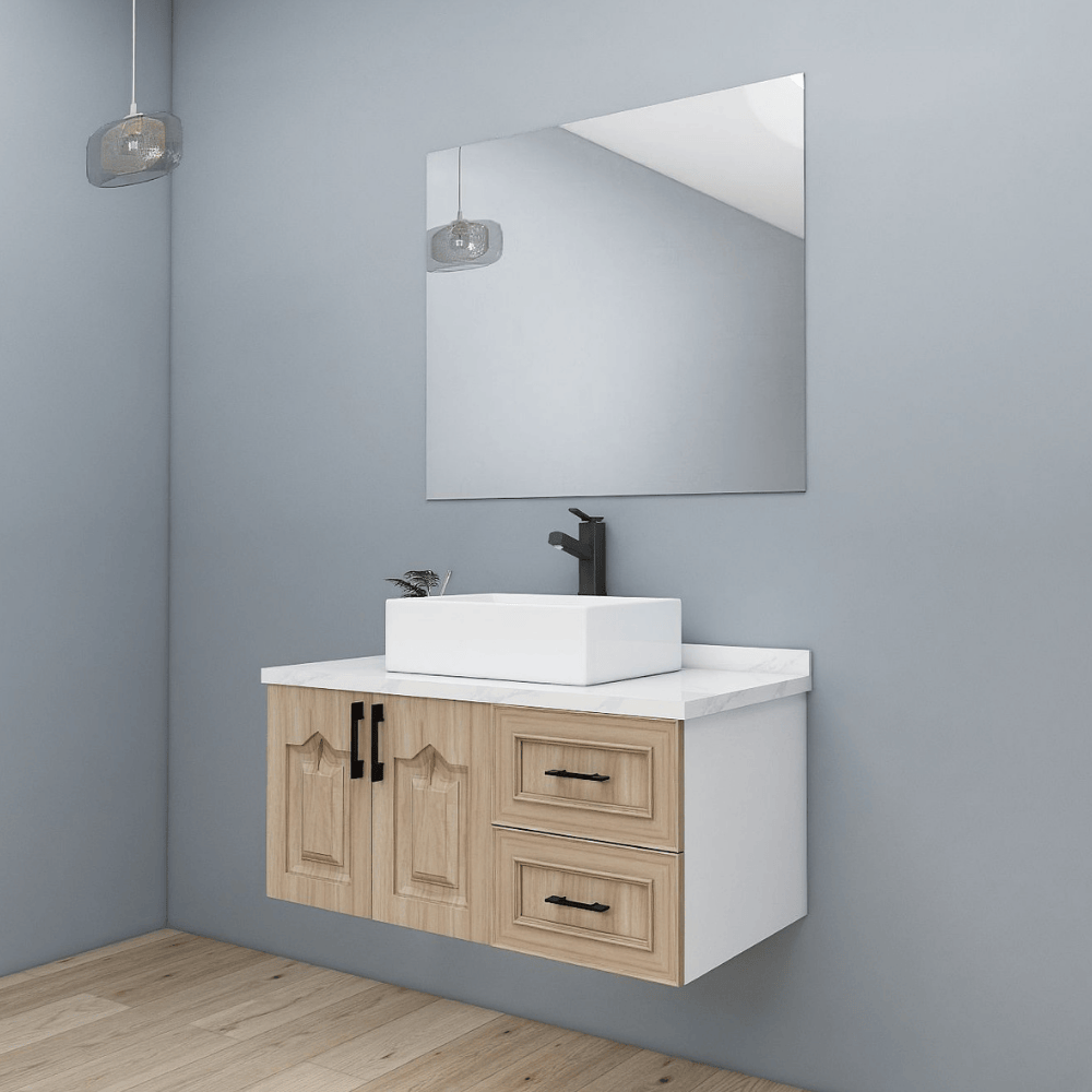 Side view of natural wood shaker vanity with mirror and pendant light Side view of natural wood shaker vanity with mirror and pendant light
